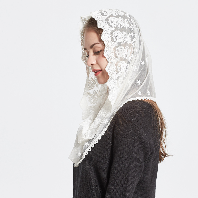 Floral Lace Head Veil Catholic Latin Mass Shawl Head Covering Scarf Muslim Veil